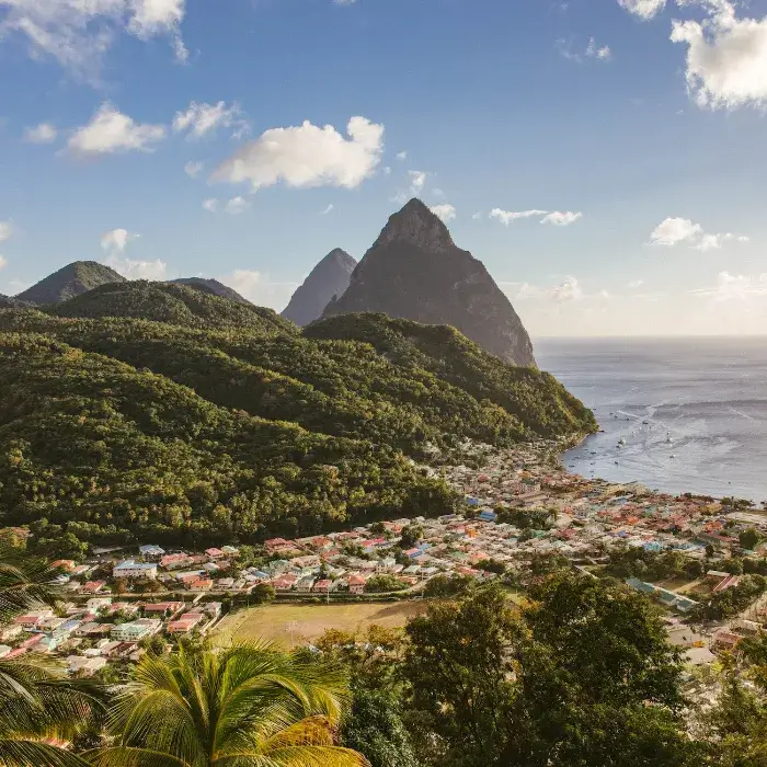 View over Soufriere town with the Pitons in the back